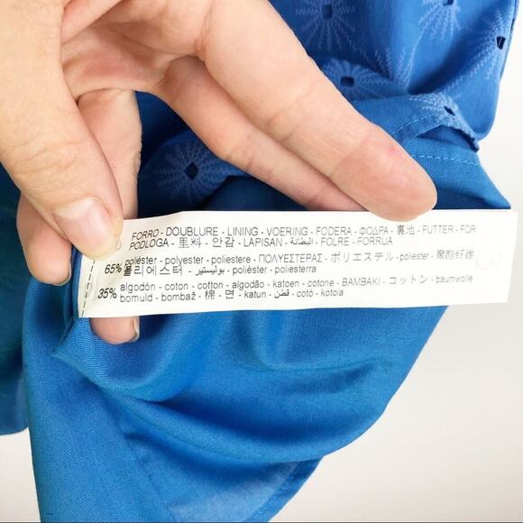 Zara Floral Openwork Textured Blue Off Shoulder Mini Sun Dress Balloon Sleeve - Picture 13 of 15